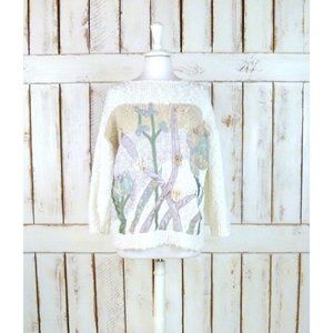 Vintage ivory tan floral nubby chunky woven knit pullover sweater
